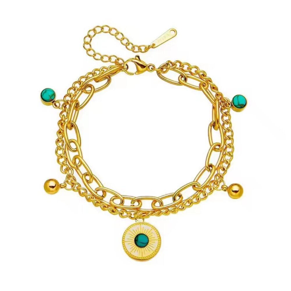 18K Gold Plated Double Layer Bracelet Blue Stone Charm Vintage